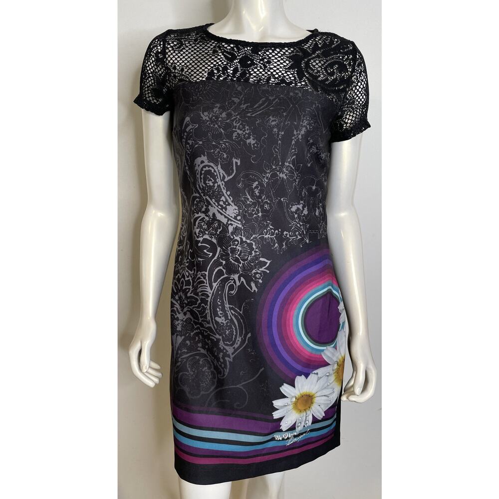 Desigual Galactic Sheath Dress 40 US 6 Lace Rainbow Floral SS Knit